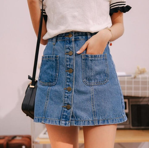 Single Button Pockets Blue Jean Skirt - UrbClo