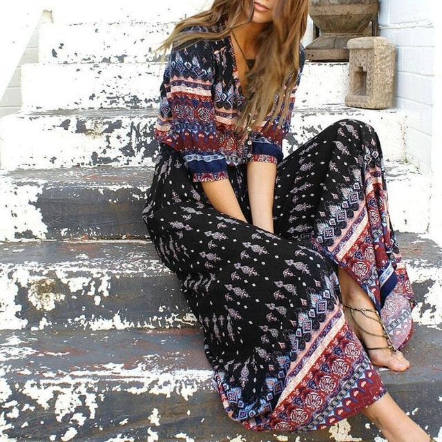 Long Sleeve Floral Bohemian Maxi Dress - UrbClo