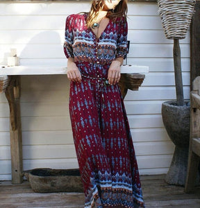 Long Sleeve Floral Bohemian Maxi Dress - UrbClo