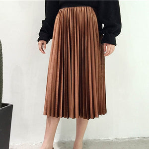 Long Metallic Silver Pleated Skirt - UrbClo