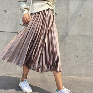 Long Metallic Silver Pleated Skirt - UrbClo