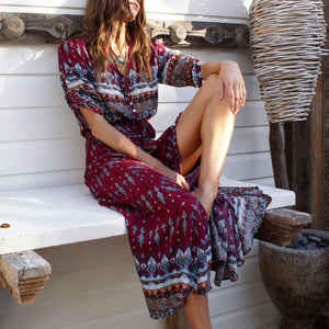 Long Sleeve Floral Bohemian Maxi Dress - UrbClo